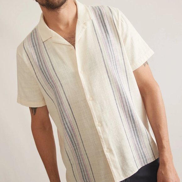 NWT $108 MARINE LAYER Mens Stretch Selvage Stripe Resort Shirt Natural Cream XXL - Picture 1 of 12